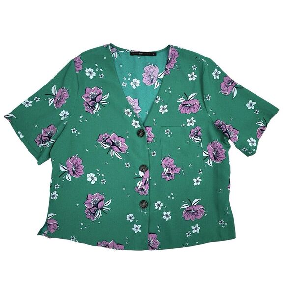 Anthropologie Azel Hazel Womens Floral Blouse Large Kelly Green Button Boxy - Picture 4 of 15